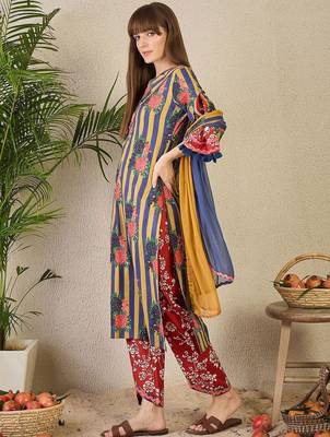 Adults-Women Floral Printed Cotton A-Line Kurta with Trousers & Dupatta 1
