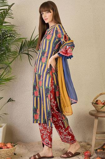 Adults-Women Floral Printed Cotton A-Line Kurta with Trousers & Dupatta