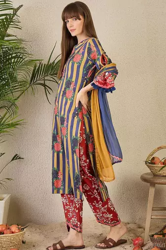 Adults-Women Floral Printed Cotton A-Line Kurta with Trousers & Dupatta