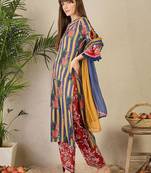 Adults-Women Floral Printed Cotton A-Line Kurta with Trousers & Dupatta