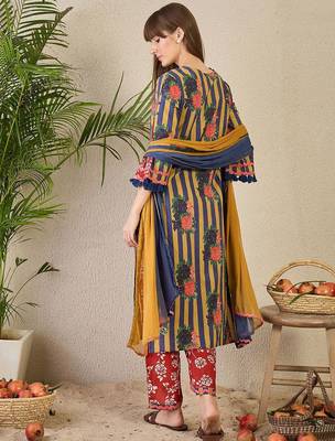Adults-Women Floral Printed Cotton A-Line Kurta with Trousers & Dupatta 5