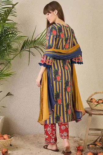 Adults-Women Floral Printed Cotton A-Line Kurta with Trousers & Dupatta