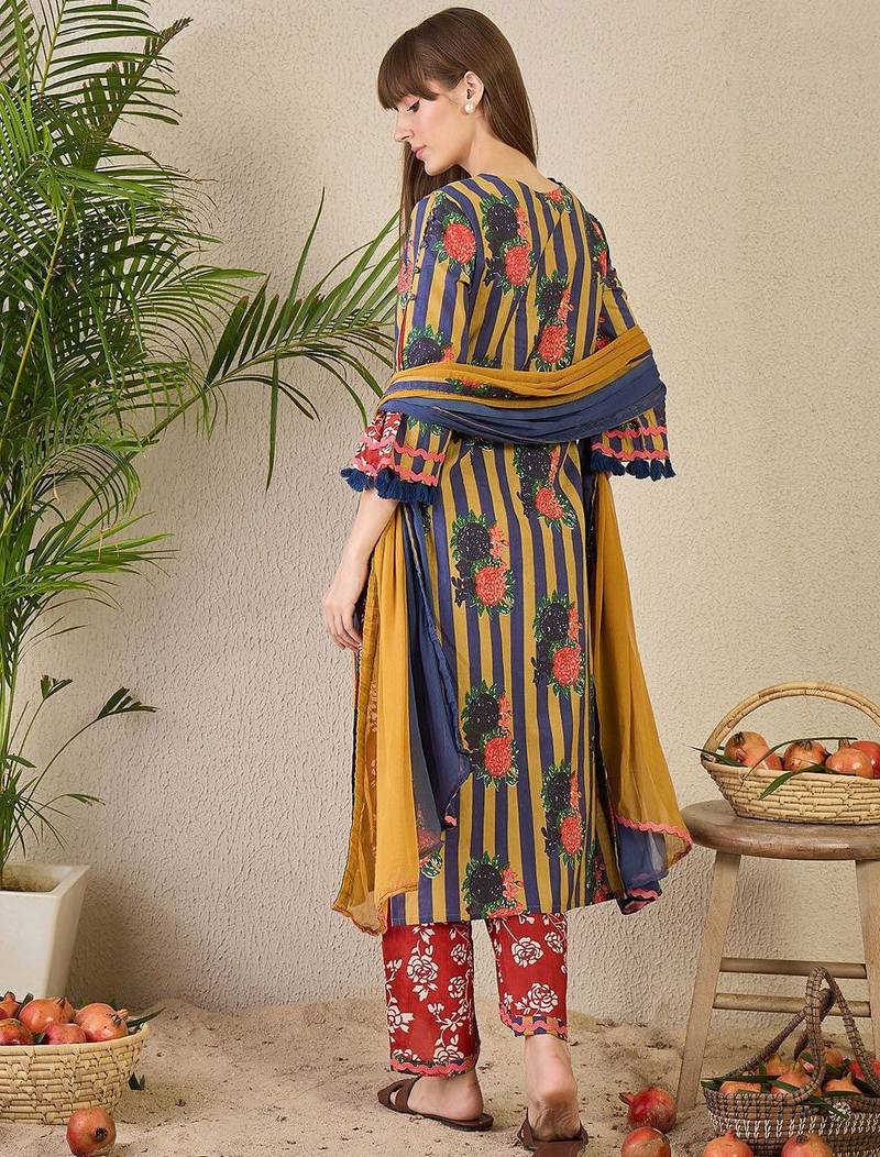 Adults-Women Floral Printed Cotton A-Line Kurta with Trousers & Dupatta