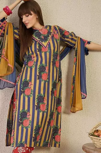 Adults-Women Floral Printed Cotton A-Line Kurta with Trousers & Dupatta