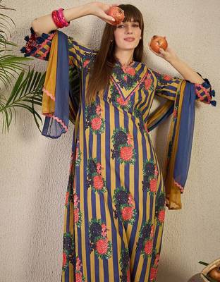 Adults-Women Floral Printed Cotton A-Line Kurta with Trousers & Dupatta 7