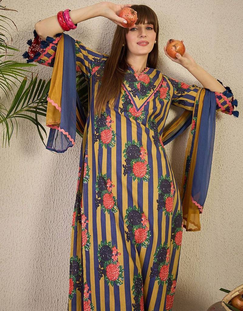 Adults-Women Floral Printed Cotton A-Line Kurta with Trousers & Dupatta