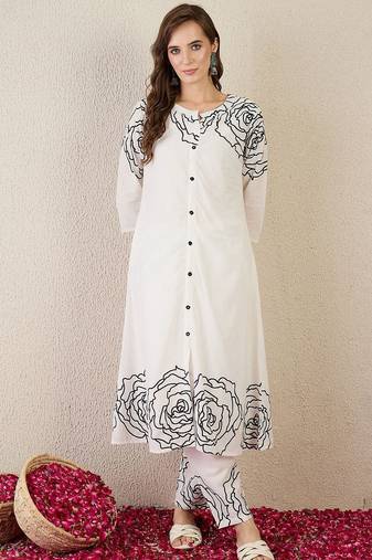 Women Ethnic Motifs Printed Regular Mirror Work Pure Cotton Kurta Trousers
