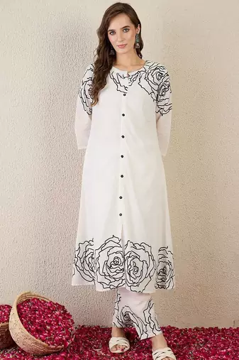 Women Ethnic Motifs Printed Regular Mirror Work Pure Cotton Kurta Trousers