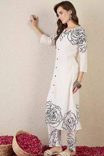 Women Ethnic Motifs Printed Regular Mirror Work Pure Cotton Kurta Trousers