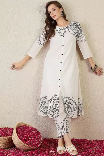 Women Ethnic Motifs Printed Regular Mirror Work Pure Cotton Kurta Trousers