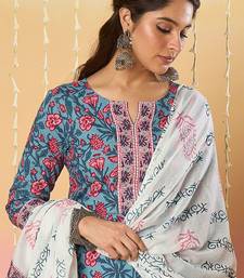 Floral Printed Notch Neck Pure Cotton Kurta With Trousers & Dupatta