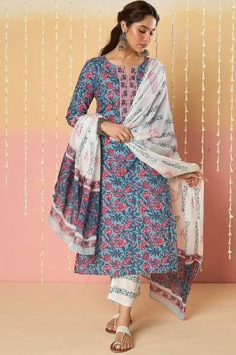 floral printed notch neck  cotton kurta with trousers & dupatta