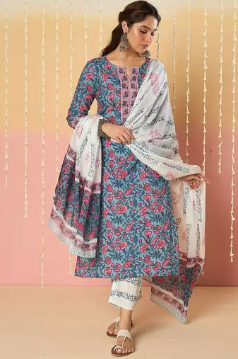 Floral Printed Notch Neck Pure Cotton Kurta With Trousers & Dupatta