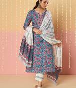 Floral Printed Notch Neck Pure Cotton Kurta With Trousers & Dupatta