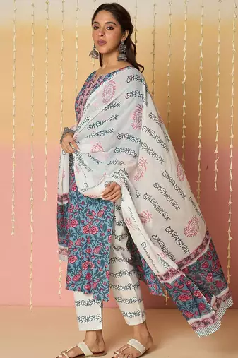 Floral Printed Notch Neck Pure Cotton Kurta With Trousers & Dupatta