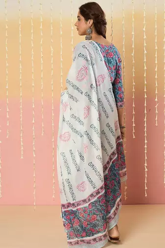 Floral Printed Notch Neck Pure Cotton Kurta With Trousers & Dupatta