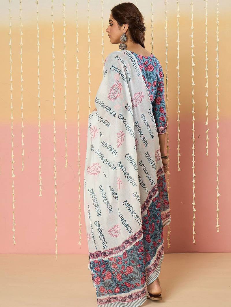 Floral Printed Notch Neck Pure Cotton Kurta With Trousers & Dupatta