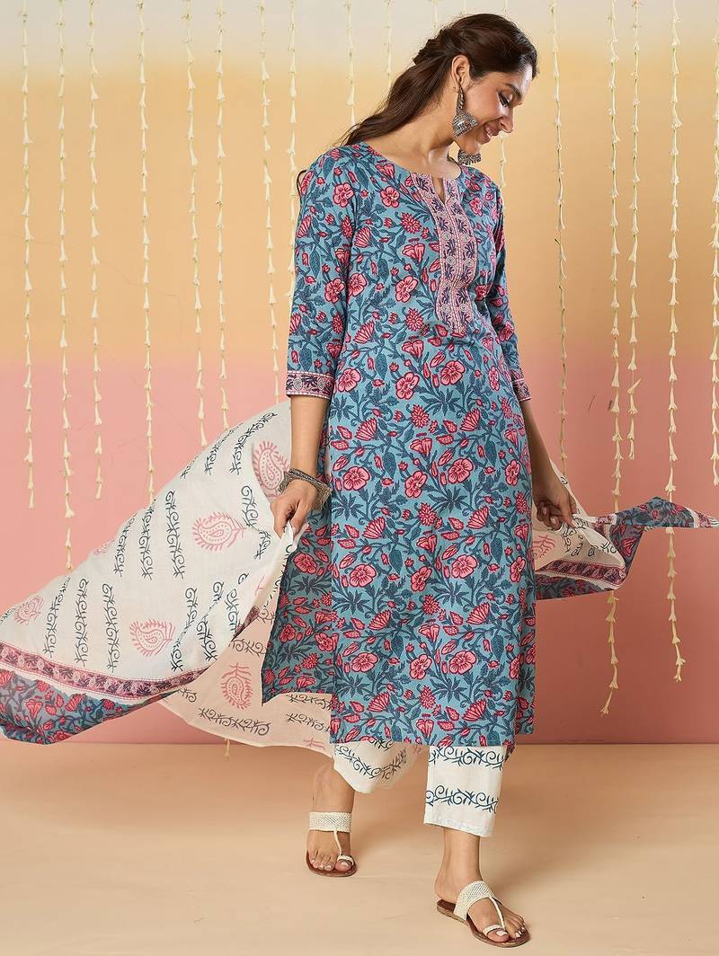 Floral Printed Notch Neck Pure Cotton Kurta With Trousers & Dupatta