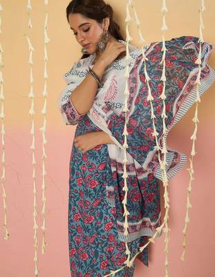 Floral Printed Notch Neck Pure Cotton Kurta With Trousers & Dupatta 7