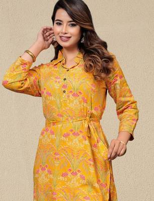 Floral Printed Shirt Collar Kurta With Trousers 2