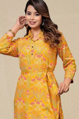 Floral Printed Shirt Collar Kurta With Trousers