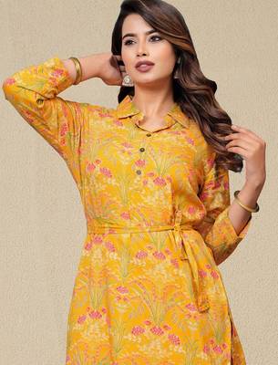 Floral Printed Shirt Collar Kurta With Trousers 7