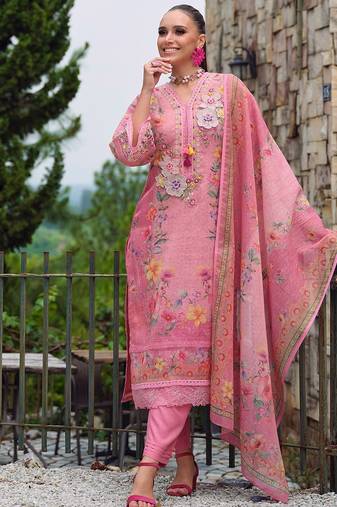 Women Floral Embroidered Beads and Stones Kurta with Trousers & With Dupatta
