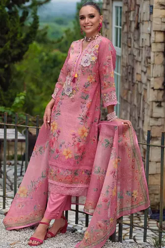 Women Floral Embroidered Beads and Stones Kurta with Trousers & With Dupatta