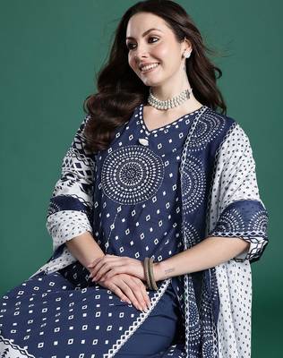 Printed Mirror Work Pure Cotton Kurta with Trousers & With Dupatta 2