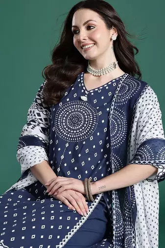 Printed Mirror Work Pure Cotton Kurta with Trousers & With Dupatta