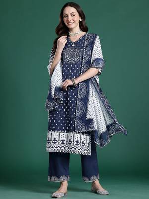 Printed Mirror Work Pure Cotton Kurta with Trousers & With Dupatta 1