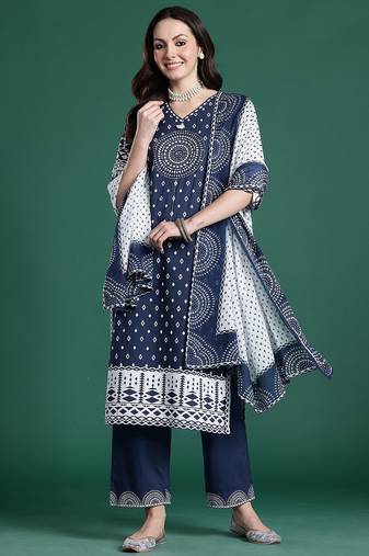 printed mirror work  cotton kurta with trousers & with dupatta