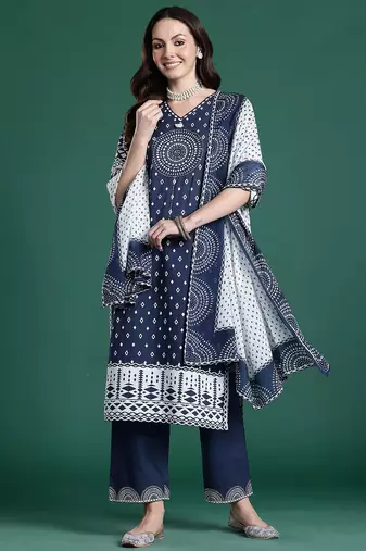 Printed Mirror Work Pure Cotton Kurta with Trousers & With Dupatta
