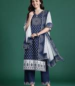 Printed Mirror Work Pure Cotton Kurta with Trousers & With Dupatta