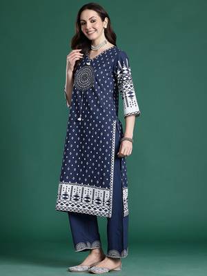 Printed Mirror Work Pure Cotton Kurta with Trousers & With Dupatta 6