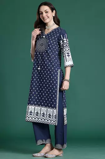 Printed Mirror Work Pure Cotton Kurta with Trousers & With Dupatta