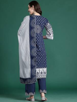 Printed Mirror Work Pure Cotton Kurta with Trousers & With Dupatta 7