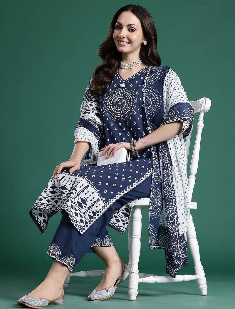 Printed Mirror Work Pure Cotton Kurta with Trousers & With Dupatta
