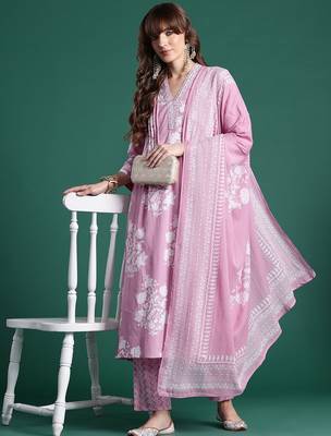 Floral Printed Pure Cotton Kurta with Trousers & Dupatta 1