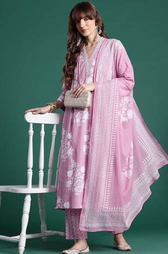 floral printed  cotton kurta with trousers & dupatta