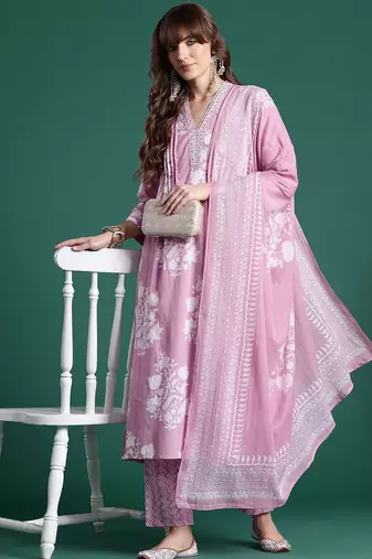 Floral Printed Pure Cotton Kurta with Trousers & Dupatta