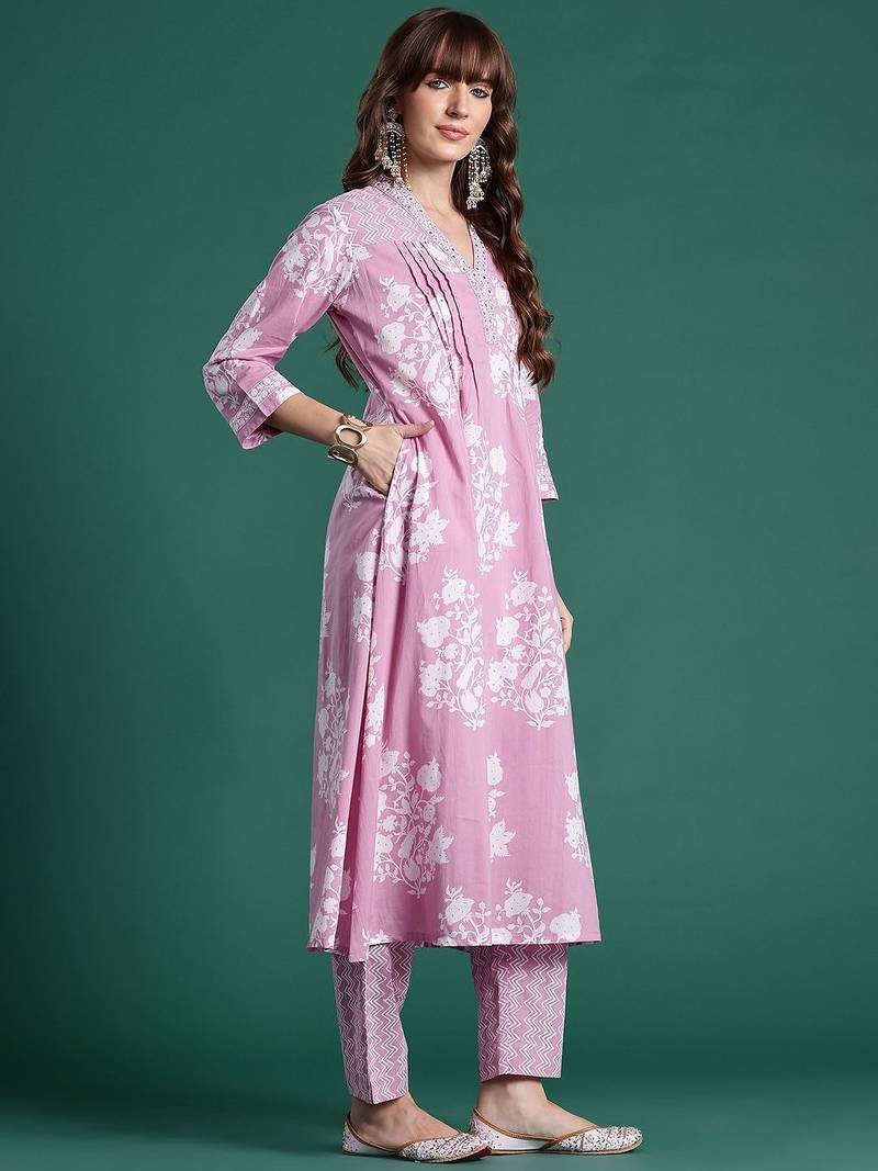 Floral Printed Pure Cotton Kurta with Trousers & Dupatta