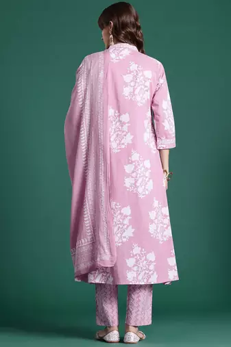 Floral Printed Pure Cotton Kurta with Trousers & Dupatta