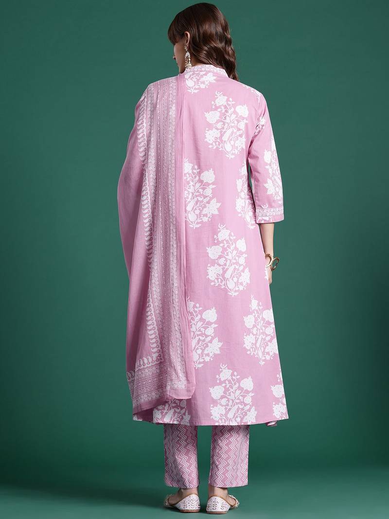 Floral Printed Pure Cotton Kurta with Trousers & Dupatta