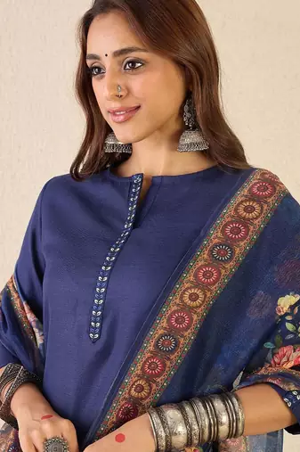 Notch Neck Straight Kurta With Trousers & Dupatta