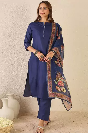Notch Neck Straight Kurta With Trousers & Dupatta