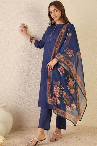 Notch Neck Straight Kurta With Trousers & Dupatta