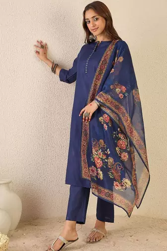 Notch Neck Straight Kurta With Trousers & Dupatta