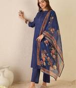 Notch Neck Straight Kurta With Trousers & Dupatta