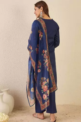 Notch Neck Straight Kurta With Trousers & Dupatta